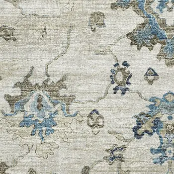 5' X 8' Blue Ivory And Gray Floral Medallion Washable Area Rug With UV Protection