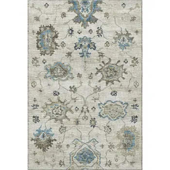 5' X 8' Blue Ivory And Gray Floral Medallion Washable Area Rug With UV Protection