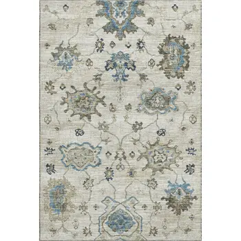8' X 10' Blue Ivory And Gray Floral Medallion Washable Area Rug With UV Protection