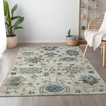 9' X 12' Blue Ivory And Gray Floral Medallion Washable Area Rug With UV Protection