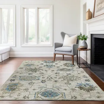 9' X 12' Blue Ivory And Gray Floral Medallion Washable Area Rug With UV Protection