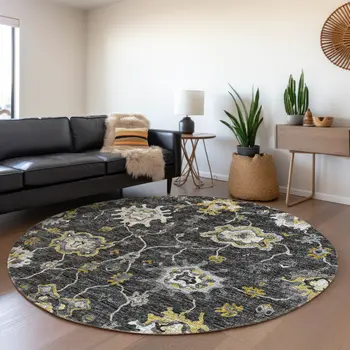 8' Graphite Ivory And Gold Floral Medallion Washable Round Rug With UV Protection