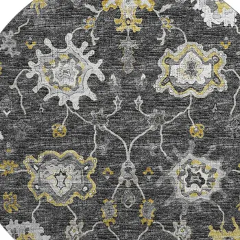 8' Graphite Ivory And Gold Floral Medallion Washable Round Rug With UV Protection