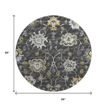 8' Graphite Ivory And Gold Floral Medallion Washable Round Rug With UV Protection