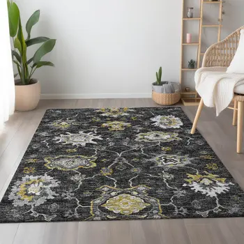 8' X 10' Graphite Ivory And Gold Floral Medallion Washable Area Rug With UV Protection