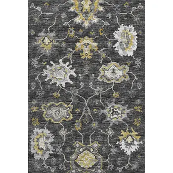 8' X 10' Graphite Ivory And Gold Floral Medallion Washable Area Rug With UV Protection