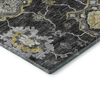 8' X 10' Graphite Ivory And Gold Floral Medallion Washable Area Rug With UV Protection