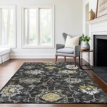 8' X 10' Graphite Ivory And Gold Floral Medallion Washable Area Rug With UV Protection
