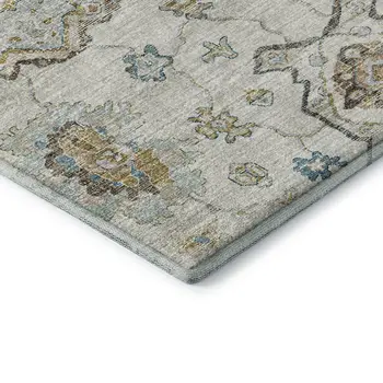 3' X 5' Linen Blue And Coffee Floral Medallion Washable Area Rug With UV Protection
