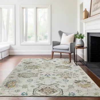 5' X 8' Linen Blue And Coffee Floral Medallion Washable Area Rug With UV Protection