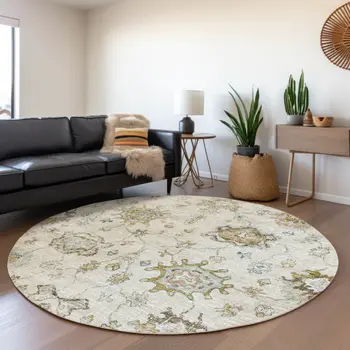 8' Linen Blue And Coffee Floral Medallion Washable Round Rug With UV Protection
