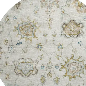 8' Linen Blue And Coffee Floral Medallion Washable Round Rug With UV Protection