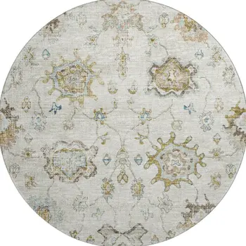 8' Linen Blue And Coffee Floral Medallion Washable Round Rug With UV Protection