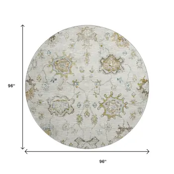 8' Linen Blue And Coffee Floral Medallion Washable Round Rug With UV Protection