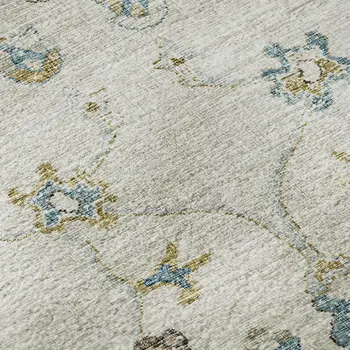 8' X 10' Linen Blue And Coffee Floral Medallion Washable Area Rug With UV Protection