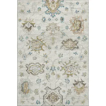 10' X 14' Linen Blue And Coffee Floral Medallion Washable Area Rug With UV Protection