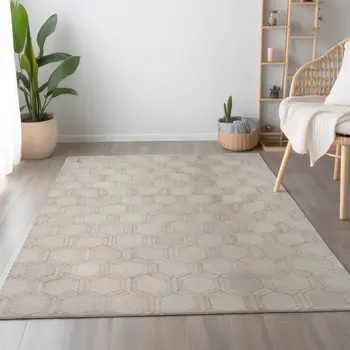 5' X 8' Ivory And Gray Geometric Washable Area Rug With UV Protection