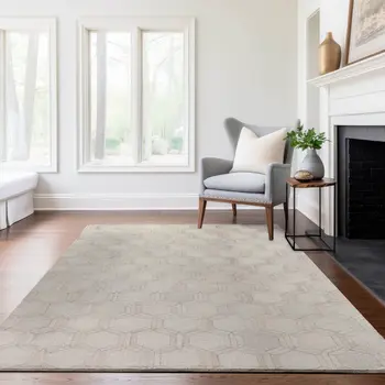 5' X 8' Ivory And Gray Geometric Washable Area Rug With UV Protection