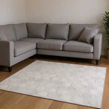 9' X 12' Ivory And Gray Geometric Washable Area Rug With UV Protection