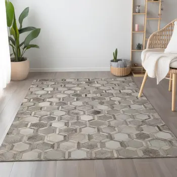 5' X 8' Gray Ivory And Beige Geometric Washable Area Rug With UV Protection