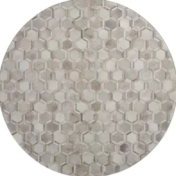 8' Gray Ivory And Beige Geometric Washable Round Rug With UV Protection