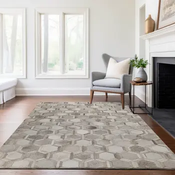 10' X 14' Gray Ivory And Beige Geometric Washable Area Rug With UV Protection