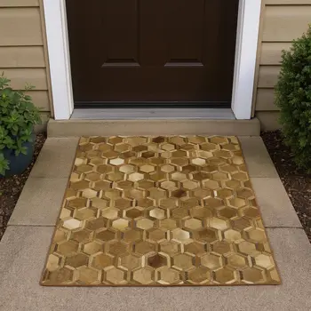 3' X 5' Brown Ivory And Beige Geometric Washable Area Rug With UV Protection