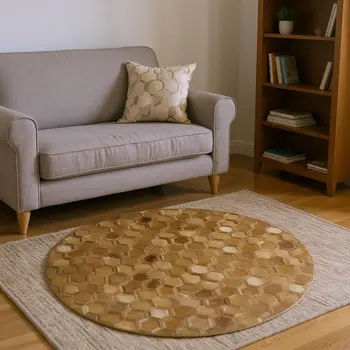 8' Brown Ivory And Beige Geometric Washable Round Rug With UV Protection
