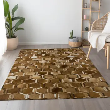 8' X 10' Brown Ivory And Beige Geometric Washable Area Rug With UV Protection