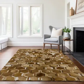 8' X 10' Brown Ivory And Beige Geometric Washable Area Rug With UV Protection
