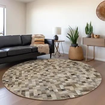 8' Gray Ivory And Beige Geometric Washable Round Rug With UV Protection
