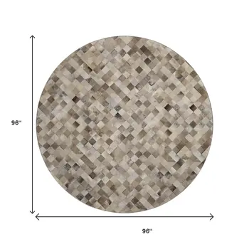 8' Gray Ivory And Beige Geometric Washable Round Rug With UV Protection