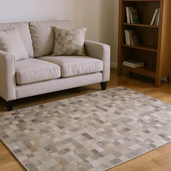 8' Gray Ivory And Beige Geometric Washable Round Rug With UV Protection
