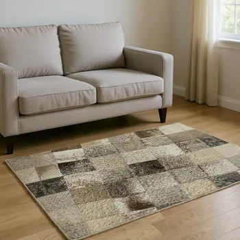 8' X 10' Gray Ivory And Beige Geometric Washable Area Rug With UV Protection
