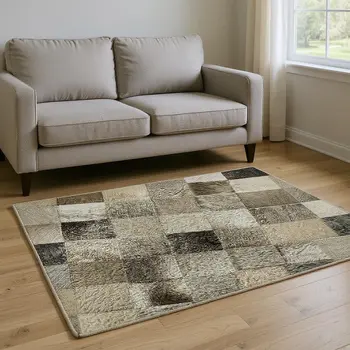 9' X 12' Gray Ivory And Beige Geometric Washable Area Rug With UV Protection