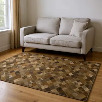 5' X 8' Brown Beige And Coffee Geometric Washable Area Rug With UV Protection