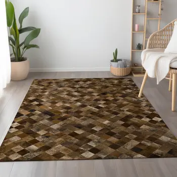 5' X 8' Brown Beige And Coffee Geometric Washable Area Rug With UV Protection