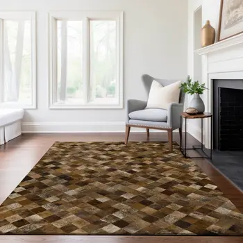 5' X 8' Brown Beige And Coffee Geometric Washable Area Rug With UV Protection