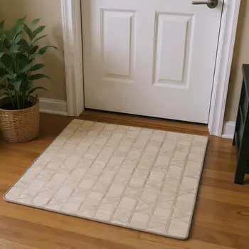 3' X 5' Ivory And Beige Geometric Washable Area Rug With UV Protection