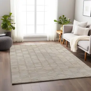 5' X 8' Ivory And Beige Geometric Washable Area Rug With UV Protection