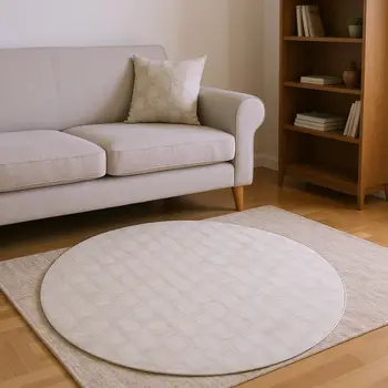 8' Ivory And Beige Geometric Washable Round Rug With UV Protection