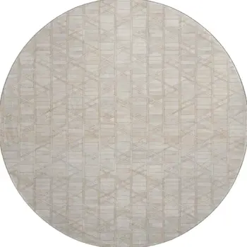 8' Ivory And Beige Geometric Washable Round Rug With UV Protection