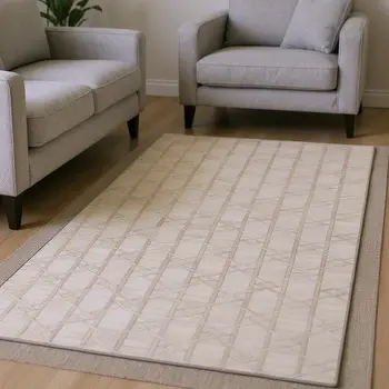 8' X 10' Ivory And Beige Geometric Washable Area Rug With UV Protection