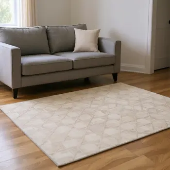 10' X 14' Ivory And Beige Geometric Washable Area Rug With UV Protection