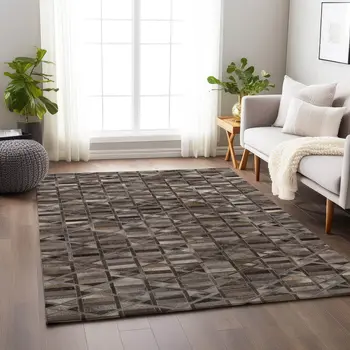 5' X 8' Gray Ivory And Beige Geometric Washable Area Rug With UV Protection