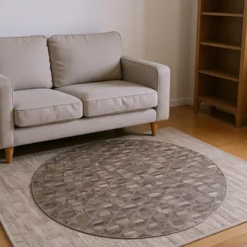 8' Gray Ivory And Beige Geometric Washable Round Rug With UV Protection