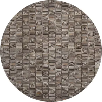8' Gray Ivory And Beige Geometric Washable Round Rug With UV Protection
