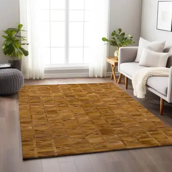 3' X 5' Brown Beige And Gold Geometric Washable Area Rug With UV Protection