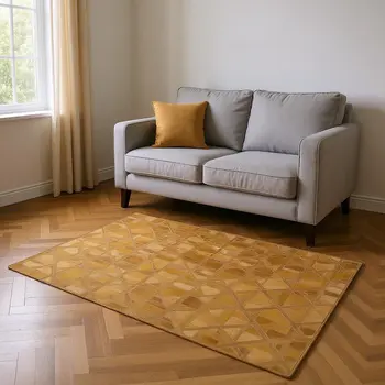 5' X 8' Brown Beige And Gold Geometric Washable Area Rug With UV Protection