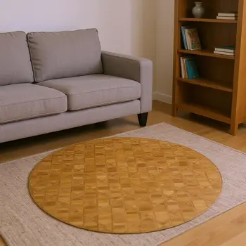 8' Brown Beige And Gold Geometric Washable Round Rug With UV Protection